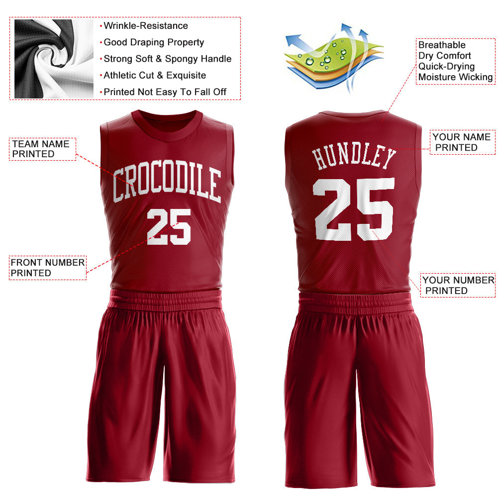Custom Maroon White Round Neck Basketball Uniform Jersey