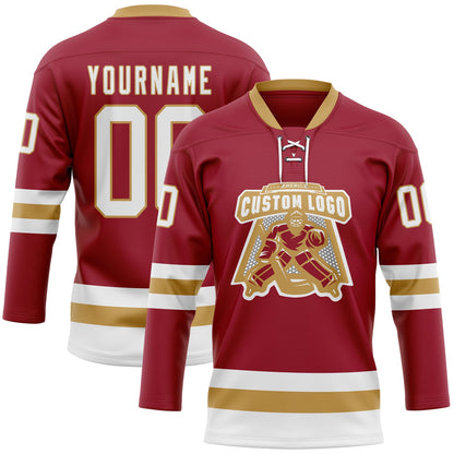 Custom Maroon White-Old Gold Hockey Lace Neck Jersey
