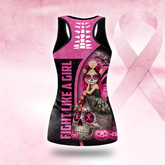 Personalized "Fight Like A Girl" Pink Halloween Pumpkin & Bat Leggings and Tank Outfit, Custom Choo