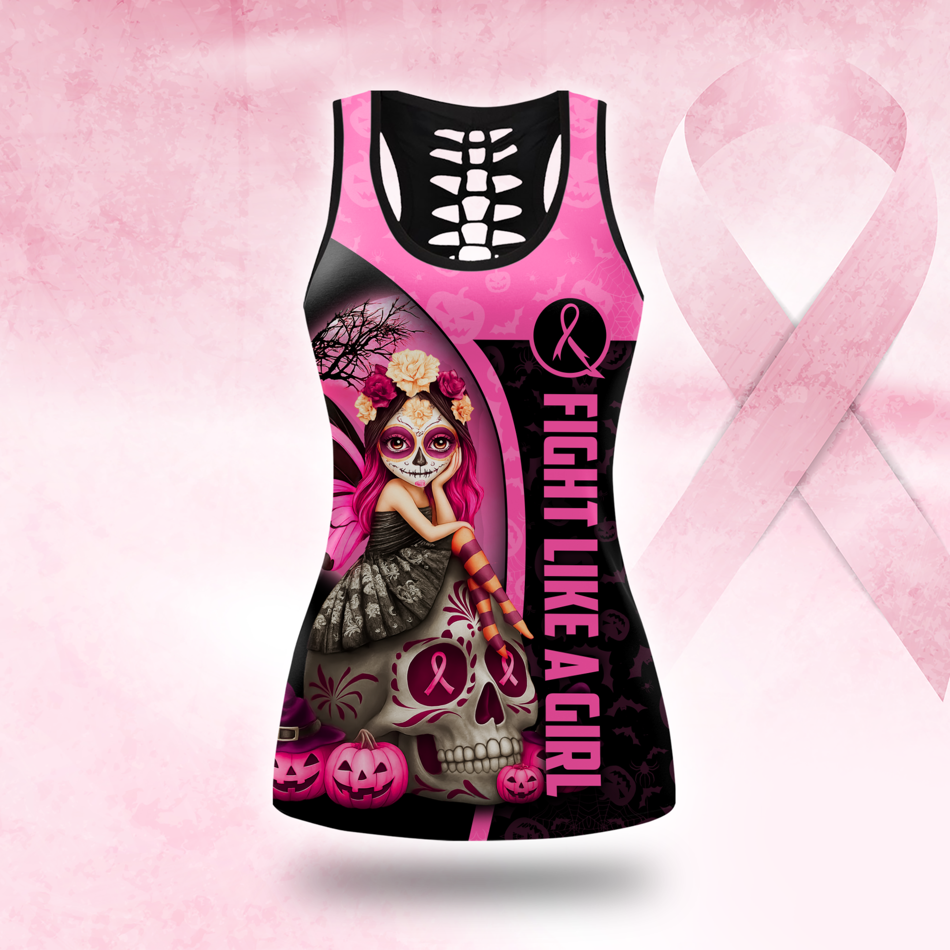 Personalized "Fight Like A Girl" Pink Halloween Pumpkin & Bat Leggings and Tank Outfit, Custom Choo