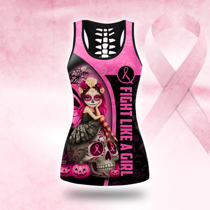 Personalized "Fight Like A Girl" Pink Halloween Pumpkin & Bat Leggings and Tank Outfit, Custom Choo