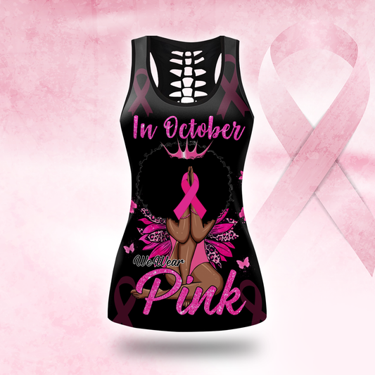Personalized In October We Wear Pink Black Queen - Leggings and Hollow Tank Set, Custom Choo