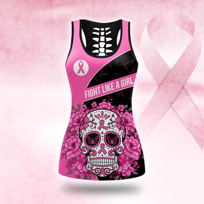 Personalized Pink Ribbon Floral Sugar Skull Leggings and Tank Outfit