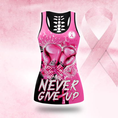 Personalized Pink Ribbon Fighter "Never Give Up" Leggings and Tank Outfit, Custom Choo