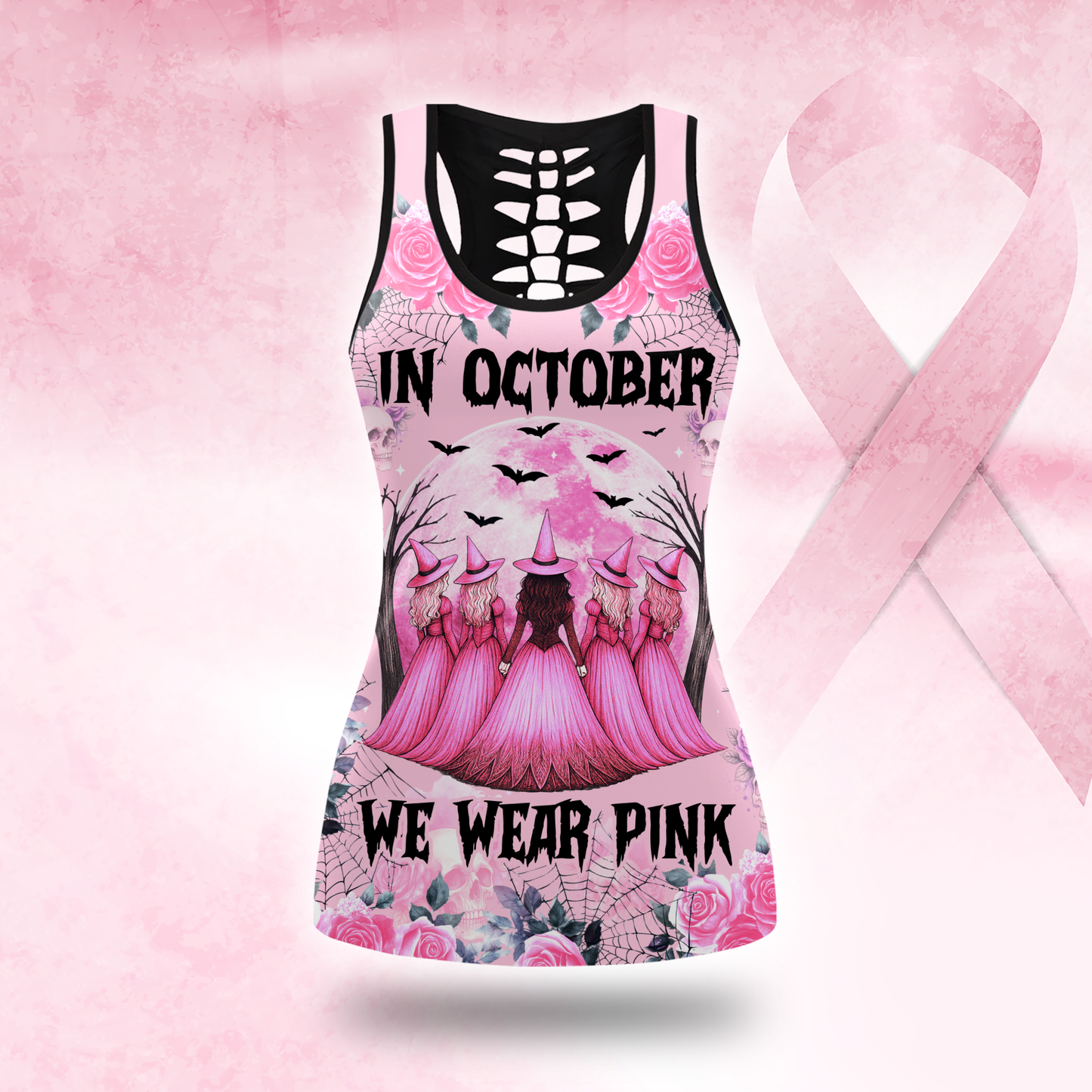 "In October We Wear Pink" Witch Hollow Back Tank Top & Skull Rose Leggings Set, Custom Choo