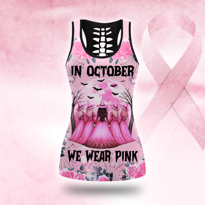 "In October We Wear Pink" Witch Hollow Back Tank Top & Skull Rose Leggings Set, Custom Choo