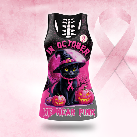 Pink Ribbon Halloween Witch Cat Tank Top & Leggings Set, Custom Choo