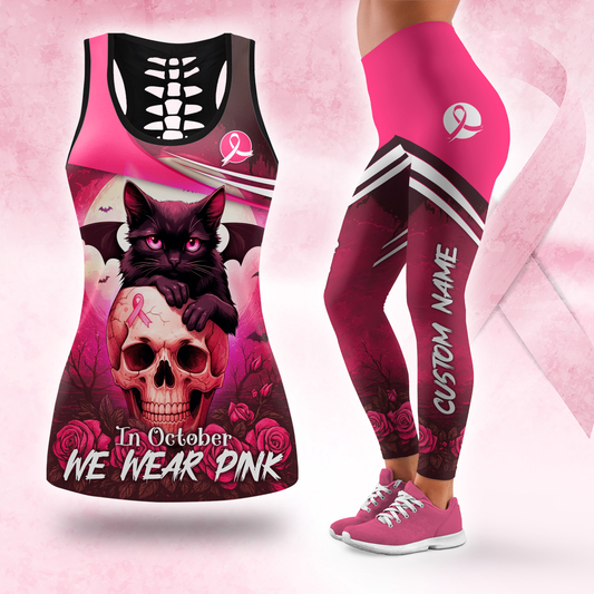 Custom Name "In October We Wear Pink" Black Cat Skull Leggings and Hollow Tank Top Set