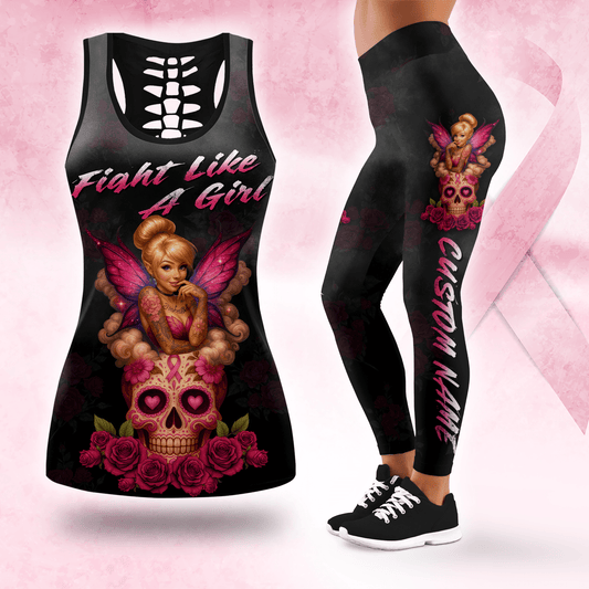 Personalized Breast Cancer Awareness "Fight Like A Girl" Fairy Sugar Skull Tank Top & Leggings Set, Custom Choo