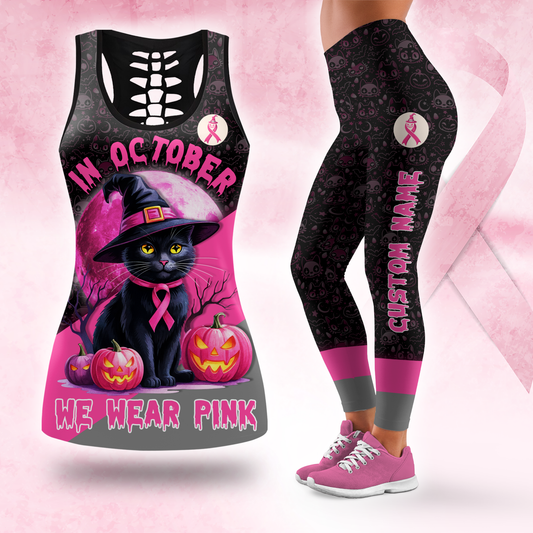 Pink Ribbon Halloween Witch Cat Tank Top & Leggings Set, Custom Choo
