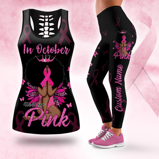 Personalized In October We Wear Pink Black Queen - Leggings and Hollow Tank Set, Custom Choo