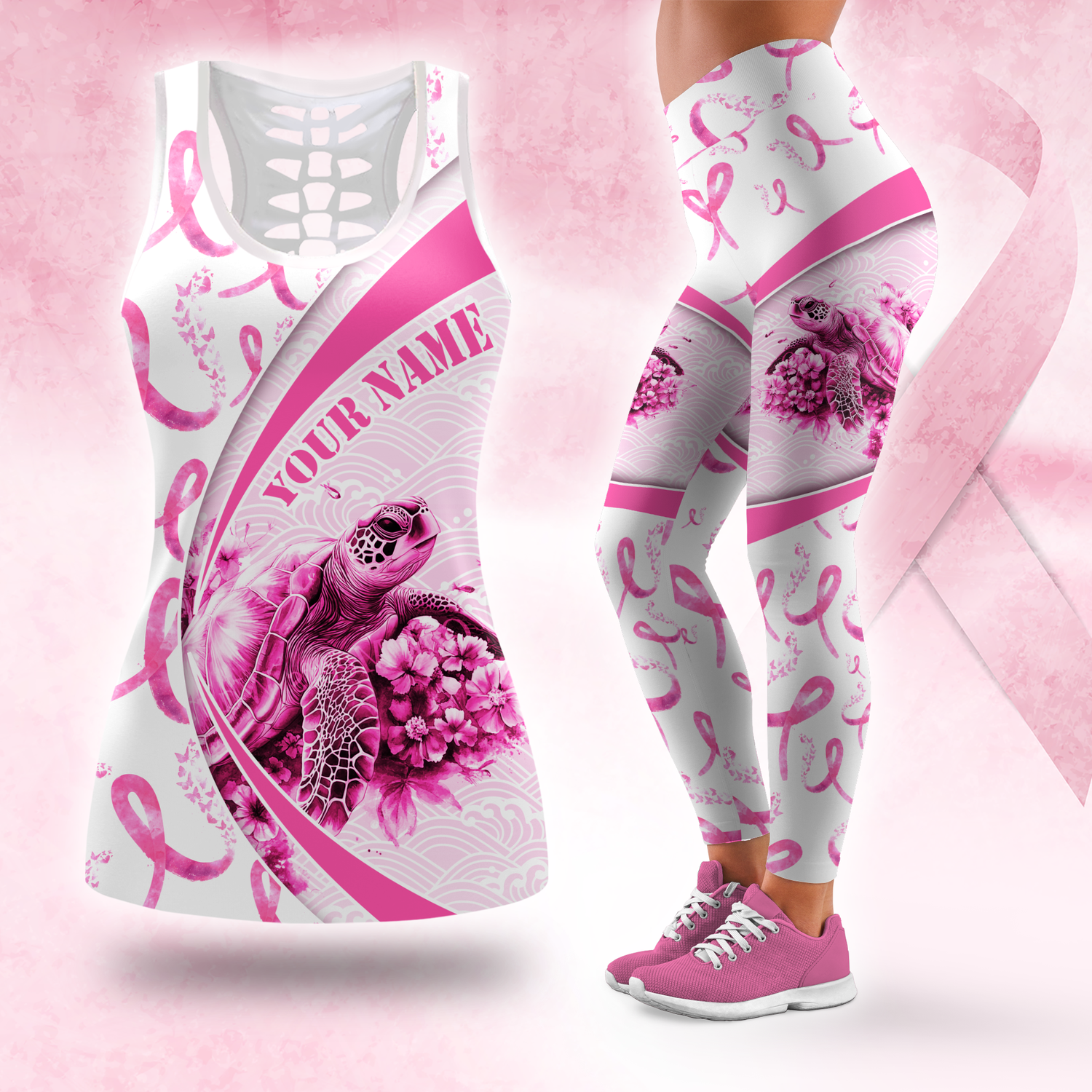 Personalized Breast Cancer Support Tank & Leggings with Turtle Graphic, Custom Choo