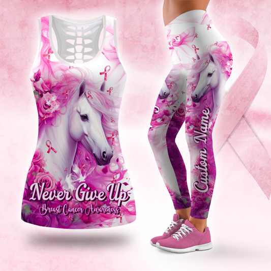 Personalized "Never Give Up" Pink Ribbon Workout Outfit, Custom Choo