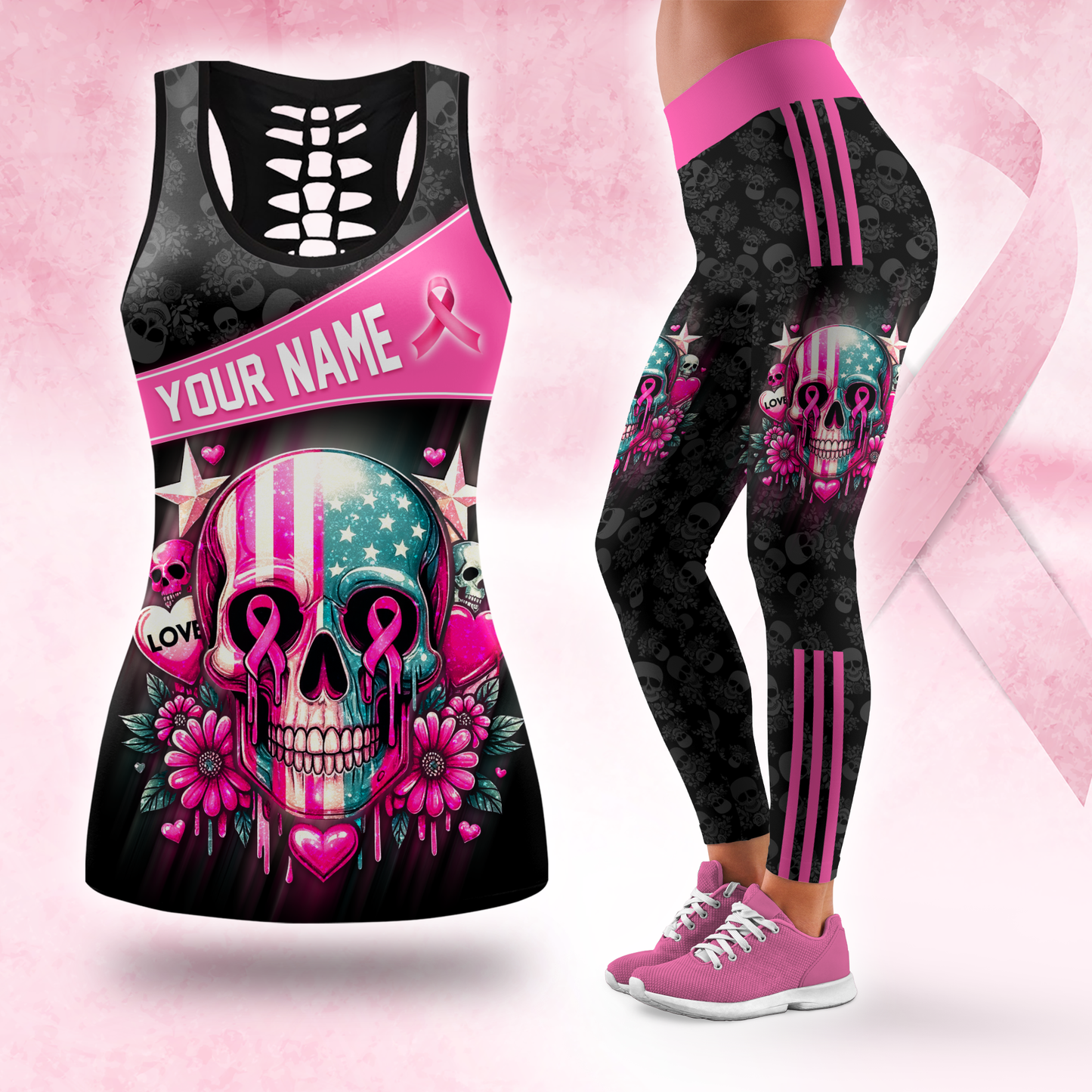 Personalized Breast Cancer Sugar Skull -  Combo Legging Tanktop Breast Cancer Awareness