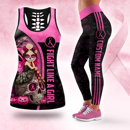 Personalized "Fight Like A Girl" Pink Halloween Pumpkin & Bat Leggings and Tank Outfit, Custom Choo