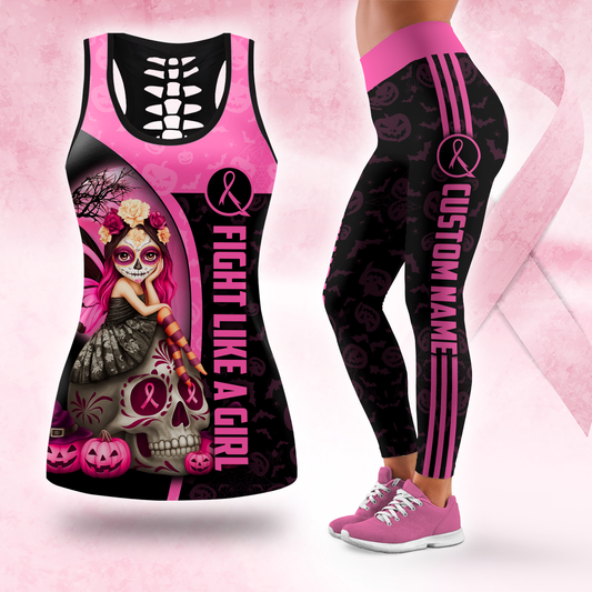 Personalized "Fight Like A Girl" Pink Halloween Pumpkin & Bat Leggings and Tank Outfit, Custom Choo