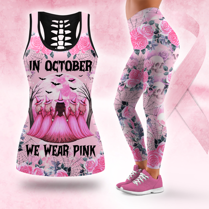 "In October We Wear Pink" Witch Hollow Back Tank Top & Skull Rose Leggings Set, Custom Choo