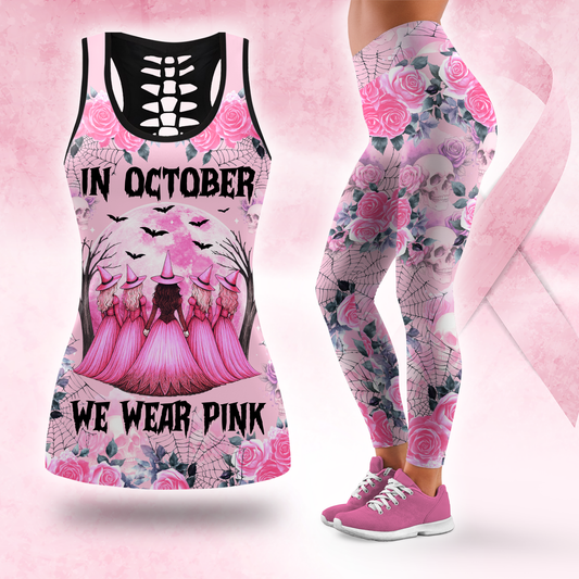 "In October We Wear Pink" Witch Hollow Back Tank Top & Skull Rose Leggings Set, Custom Choo