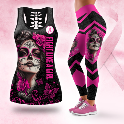 Breast Cancer Awareness Sugar Skull Legging and Hollow Tank Top Set, Custom Choo