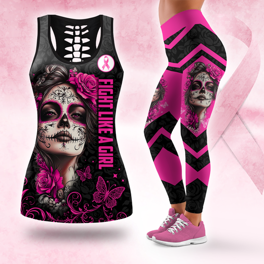 Breast Cancer Awareness Sugar Skull Legging and Hollow Tank Top Set, Custom Choo