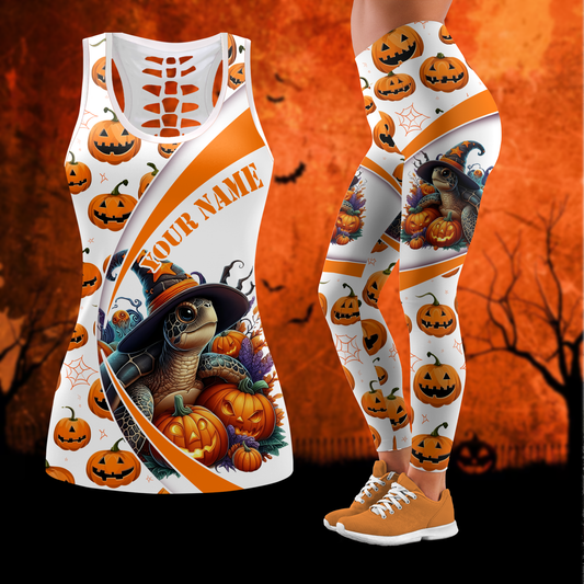 Personalized Turtle Halloween Outfit – Slow But Spooky Pumpkin Tank Top & Leggings Set, Custom Choo