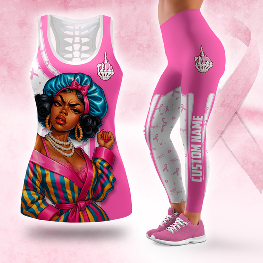 Personalized Black Woman Pink Ribbon Fighter Hollow Tank Top and Leggings Set, Custom Choo