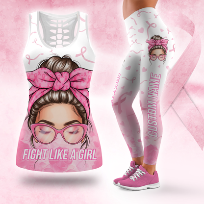 Personalized "Fight Like A Girl" Strong Woman Pink Bandana Leggings and Criss-Cross Tank Set
