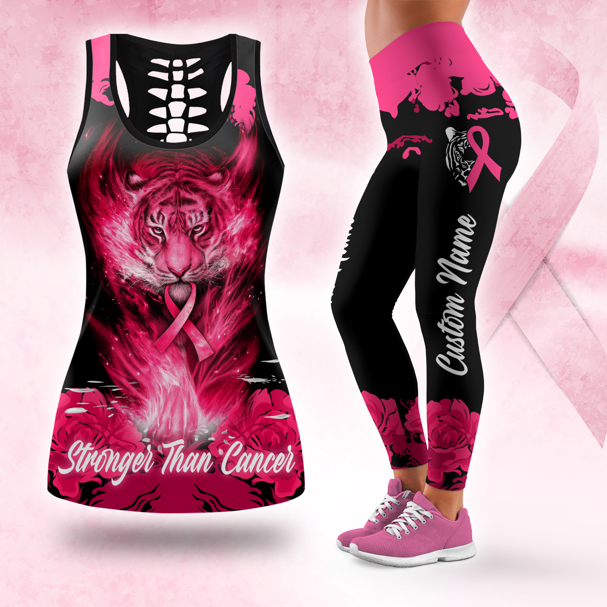 Fiery Tiger Pink Ribbon Warrior Leggings and Criss-Cross Tank Set, Custom Choo