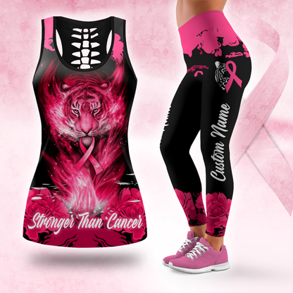 Fiery Tiger Pink Ribbon Warrior Leggings and Criss-Cross Tank Set, Custom Choo