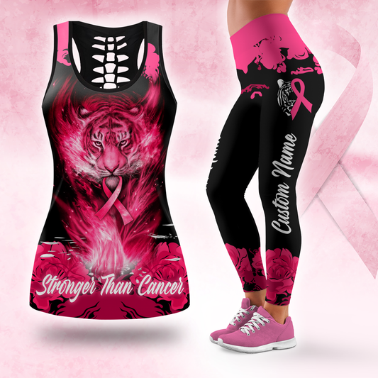 Fiery Tiger Pink Ribbon Warrior Leggings and Criss-Cross Tank Set, Custom Choo