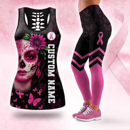 Personalized Pink Ribbon Floral Calavera & Butterfly Leggings and Tank Outfit
