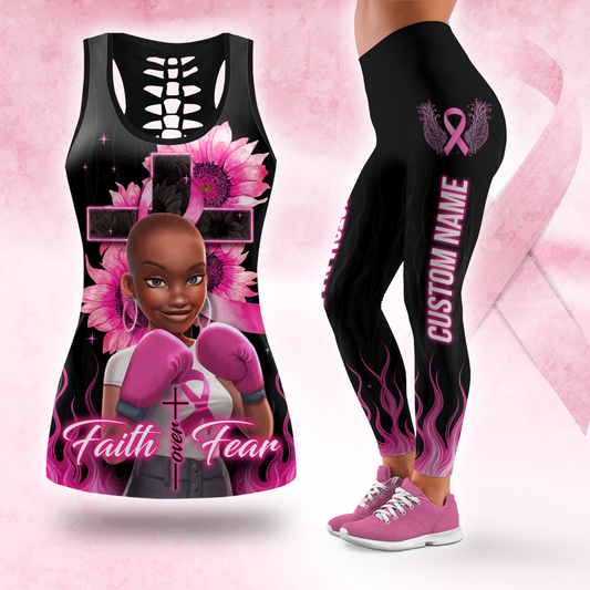 Personalized "Faith Over Fear" Breast Cancer Awareness Legging and Hollow Tank Set, Custom Choo