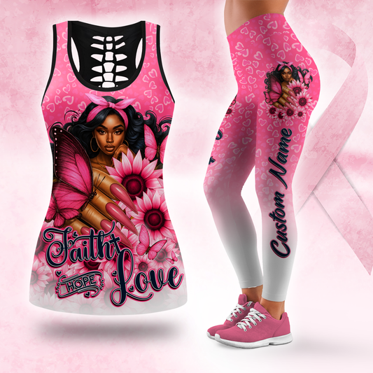 personalized black girl magic pink ribbon faith hope love ombre leggings and criss cross tank set, Custom Choo