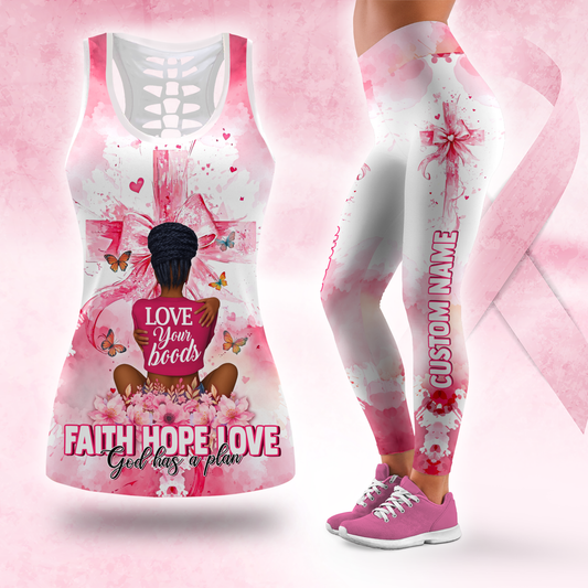 Personalized Breast Cancer Awareness Leggings and Hollow Tank Top Set, Custom Choo