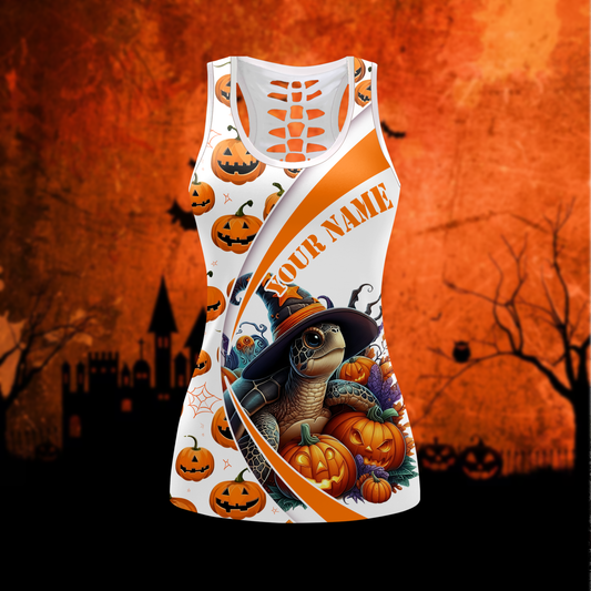 Personalized Turtle Halloween Outfit – Slow But Spooky Pumpkin Tank Top & Leggings Set, Custom Choo