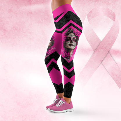 Breast Cancer Awareness Sugar Skull Legging and Hollow Tank Top Set, Custom Choo