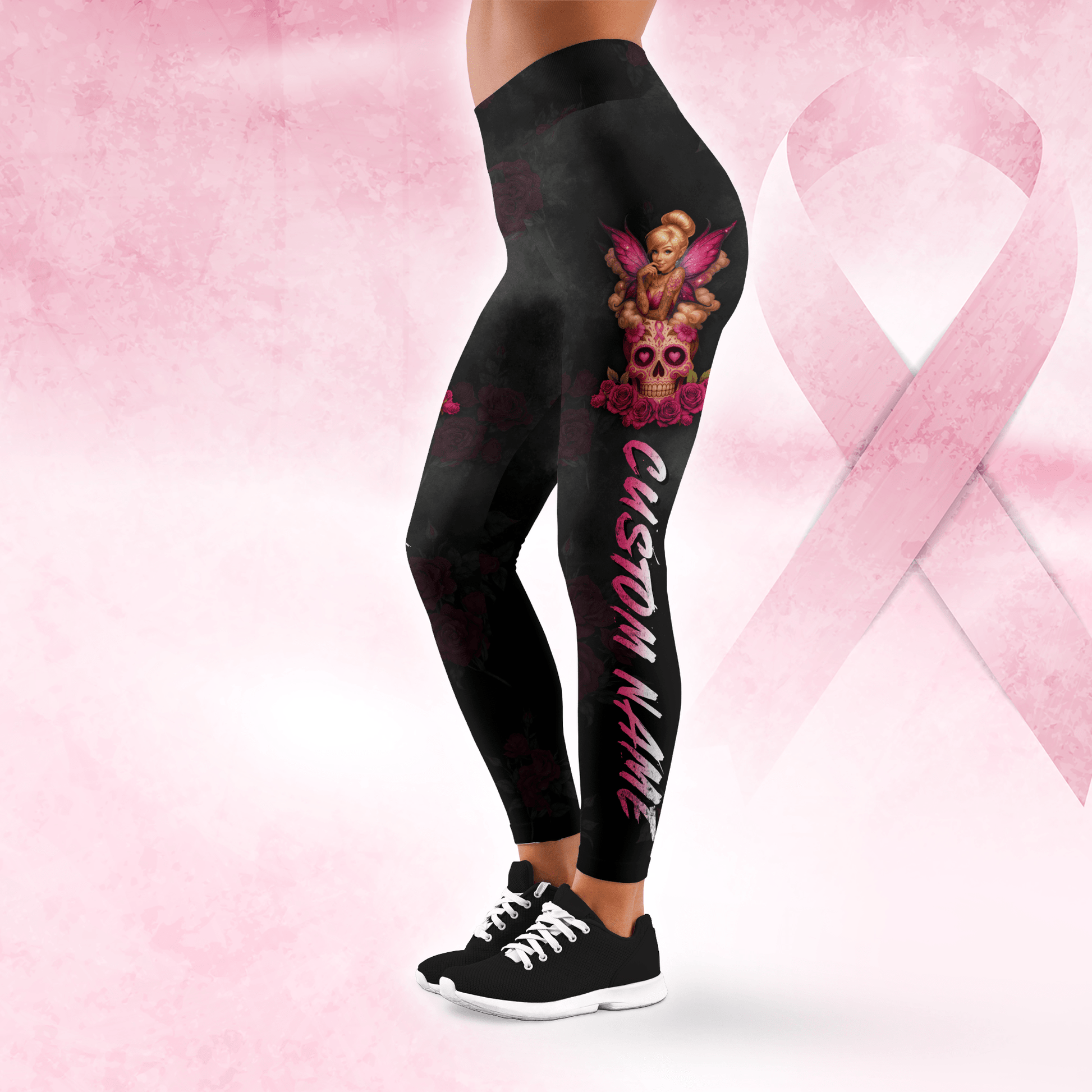 Personalized Breast Cancer Awareness "Fight Like A Girl" Fairy Sugar Skull Tank Top & Leggings Set, Custom Choo