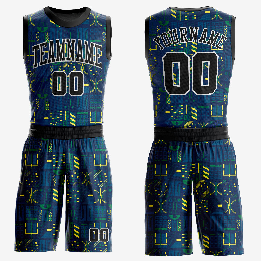 Custom Navy Black-Gold Round Neck Sublimation Basketball Uniform Jersey