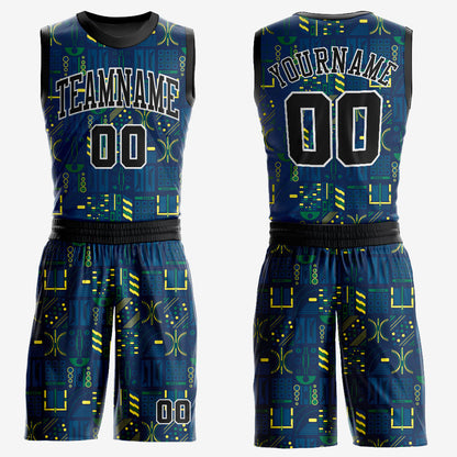 Custom Navy Black-Gold Round Neck Sublimation Basketball Uniform Jersey