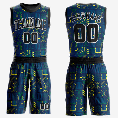 Custom Navy Black-Gold Round Neck Sublimation Basketball Uniform Jersey
