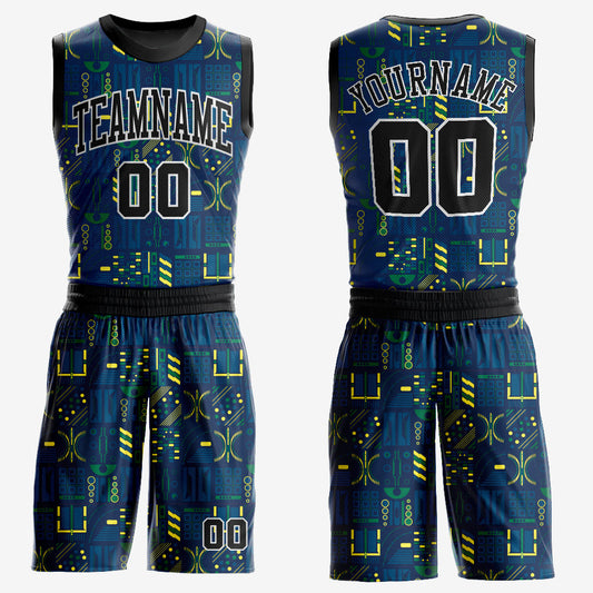 Custom Navy Black-Gold Round Neck Sublimation Basketball Uniform Jersey