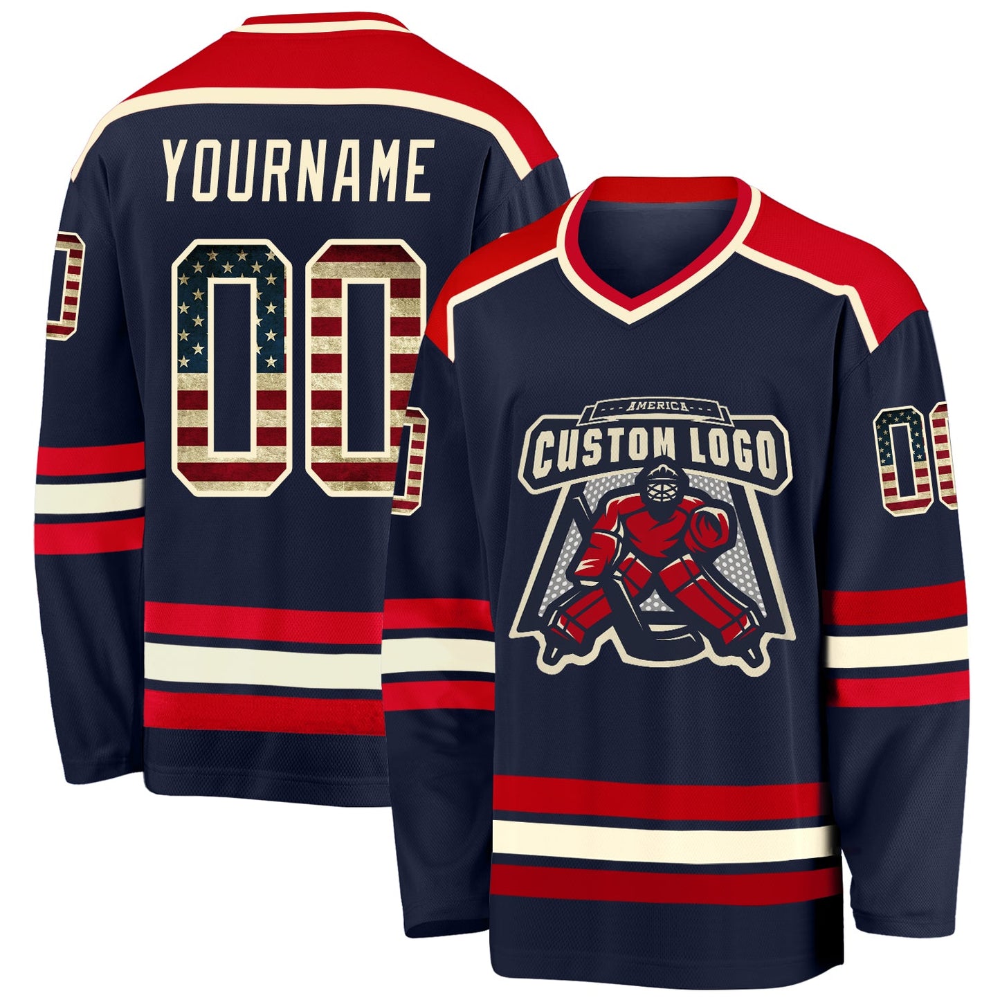 Custom Navy Vintage USA Flag Cream-Red Hockey Jersey
