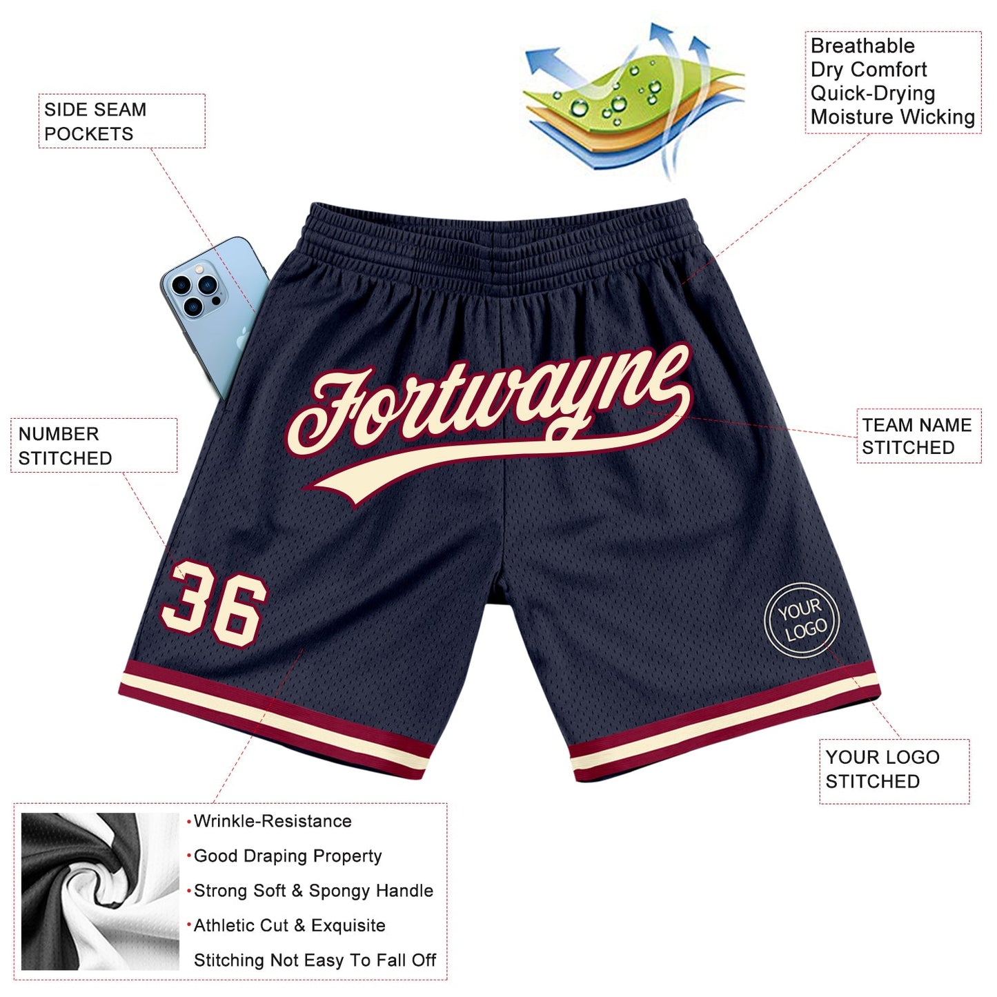 Custom Navy Cream-Maroon Authentic Throwback Basketball Shorts