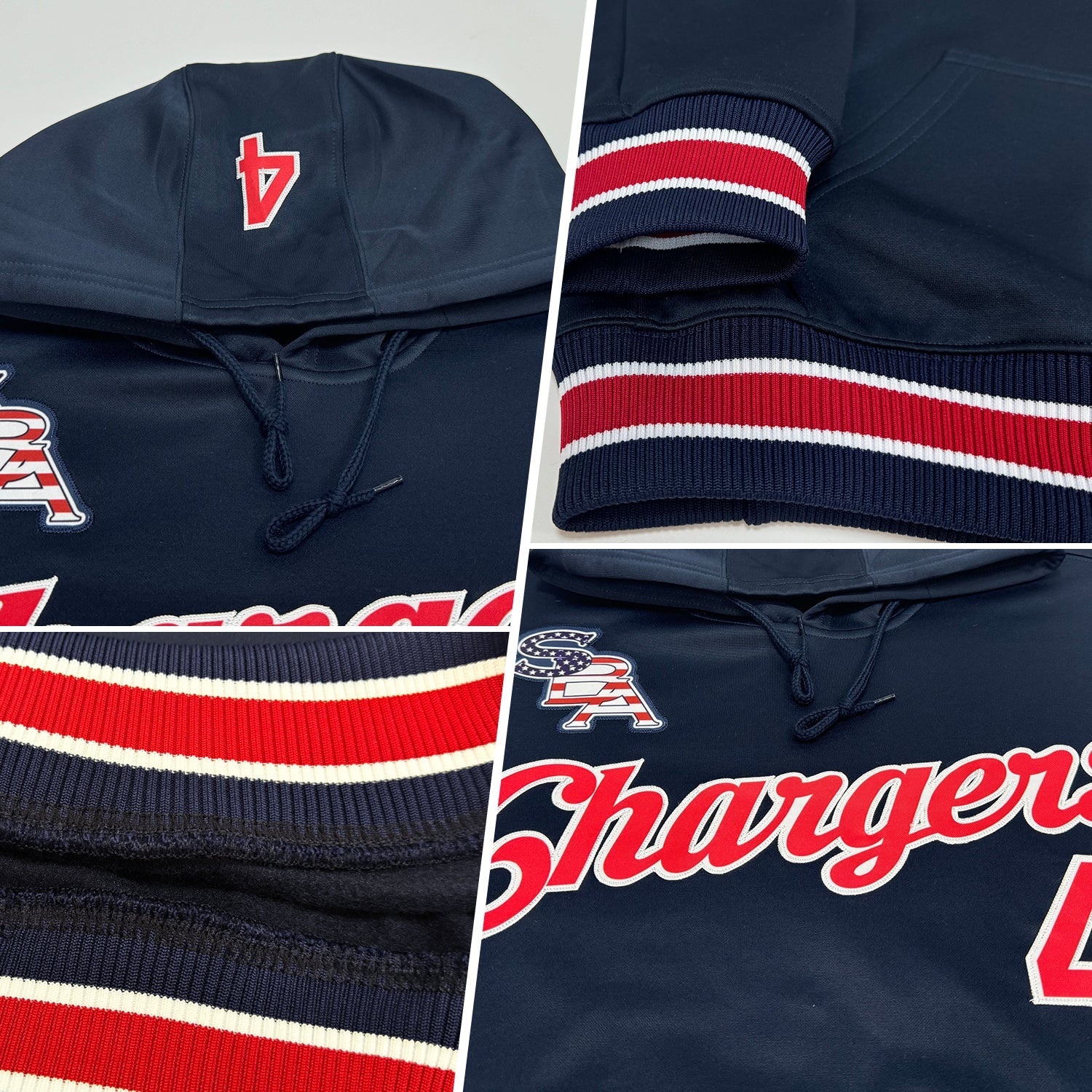 Custom Stitched Navy Red-White Sports Pullover Sweatshirt Hoodie