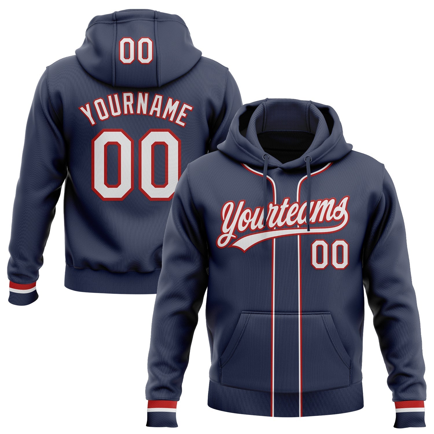 Custom Stitched Navy White-Red Baseball Pullover Sweatshirt Hoodie