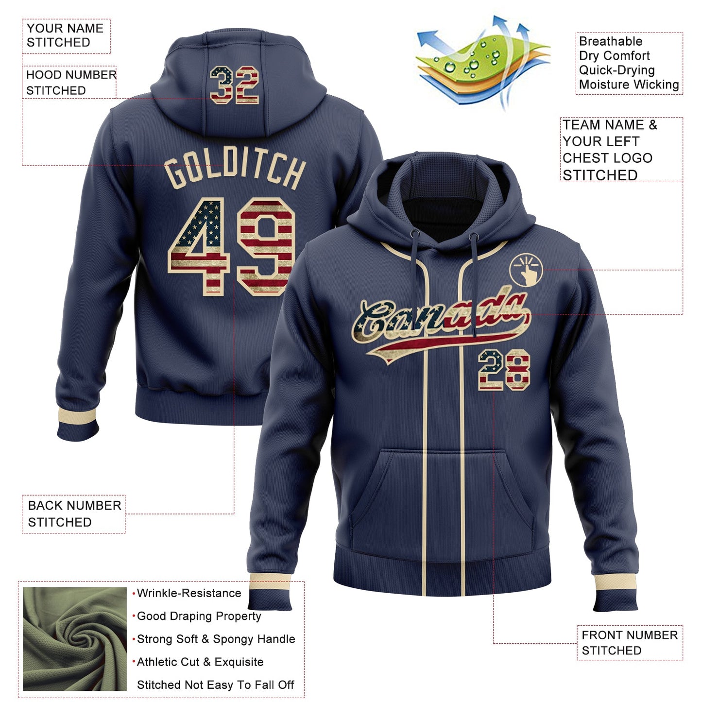 Custom Stitched Navy Vintage USA Flag-Cream Baseball Pullover Sweatshirt Hoodie