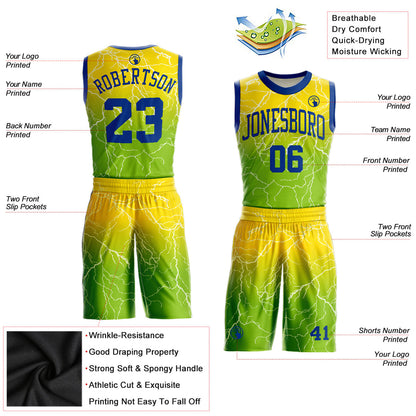 Custom Neon Green Royal-Gold Round Neck Sublimation Basketball Uniform Jersey