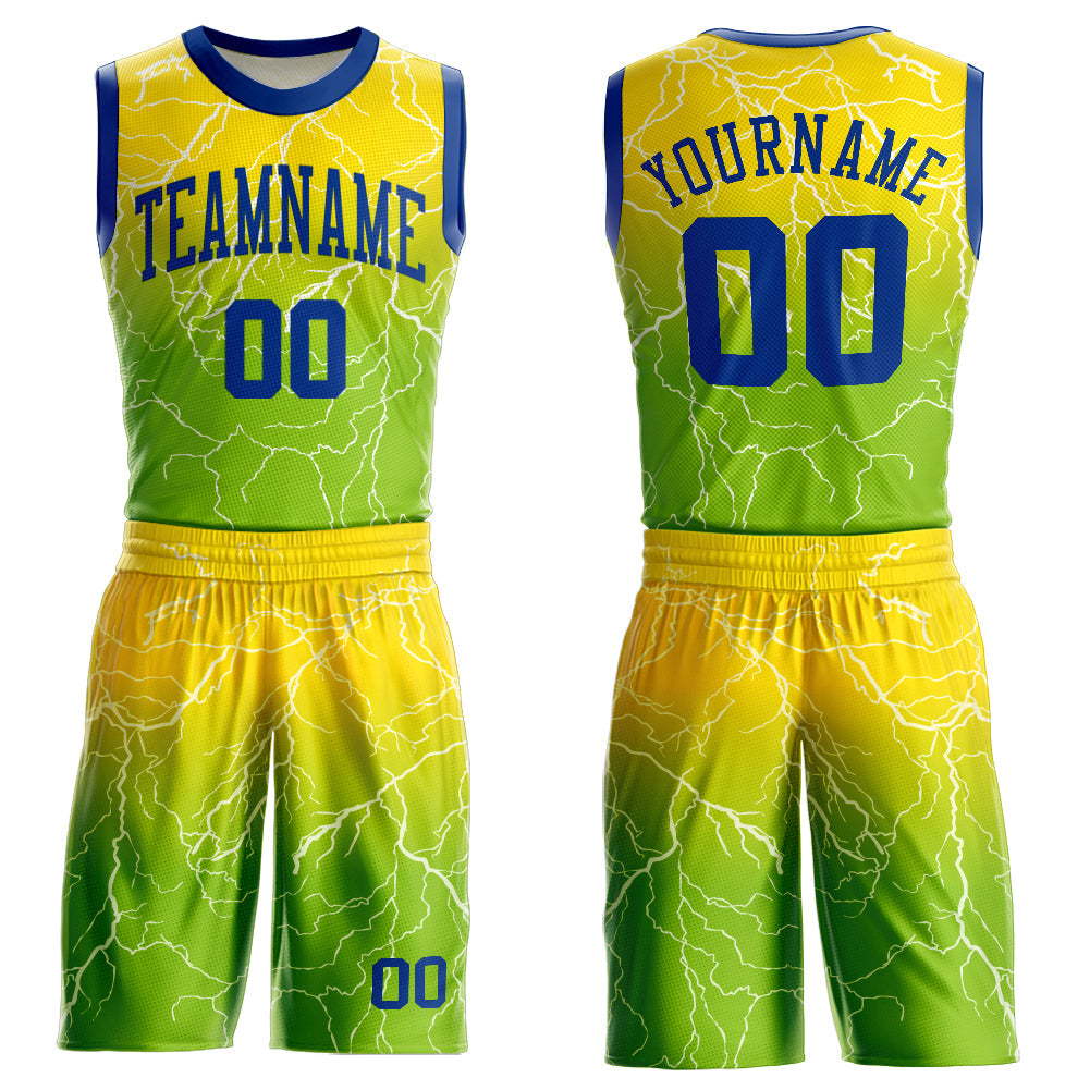 Custom Neon Green Royal-Gold Round Neck Sublimation Basketball Uniform Jersey