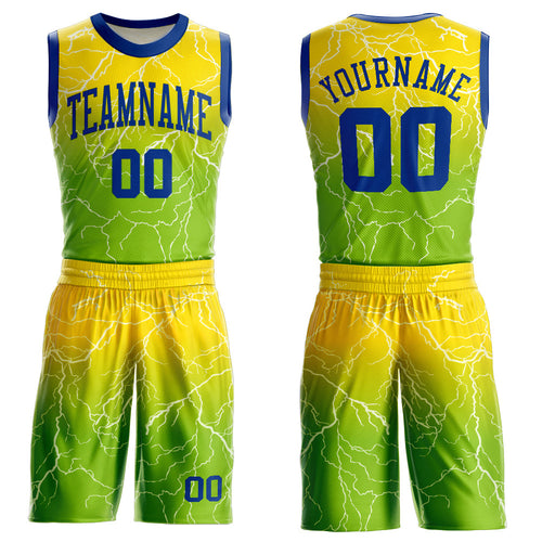 Custom Neon Green Royal-Gold Round Neck Sublimation Basketball Uniform Jersey