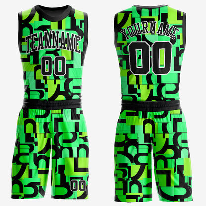 Custom Neon Green Black-White Music Festival Round Neck Sublimation Basketball Uniform Jersey